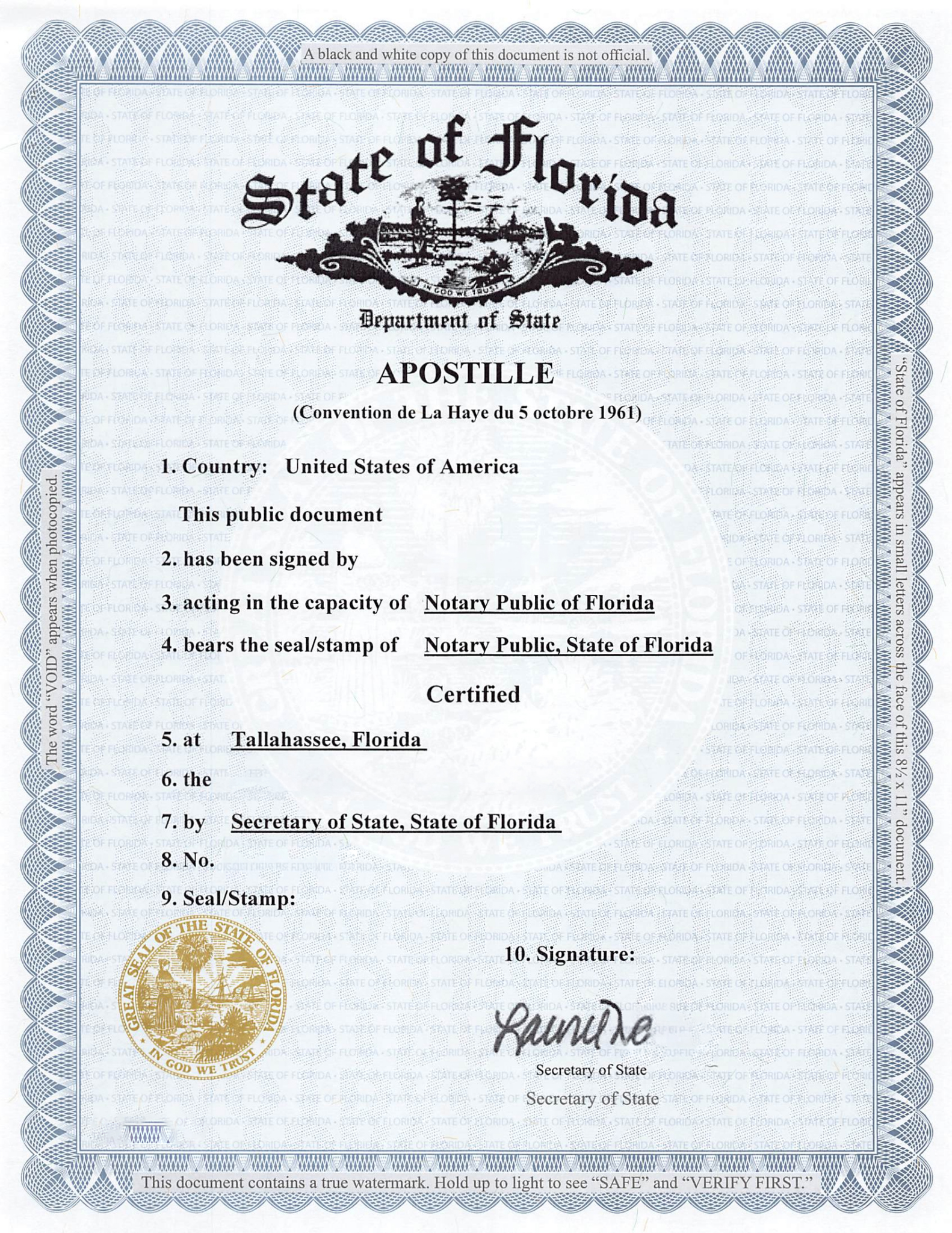 Certificado oficial de apostilla del Departamento de Estado de Florida